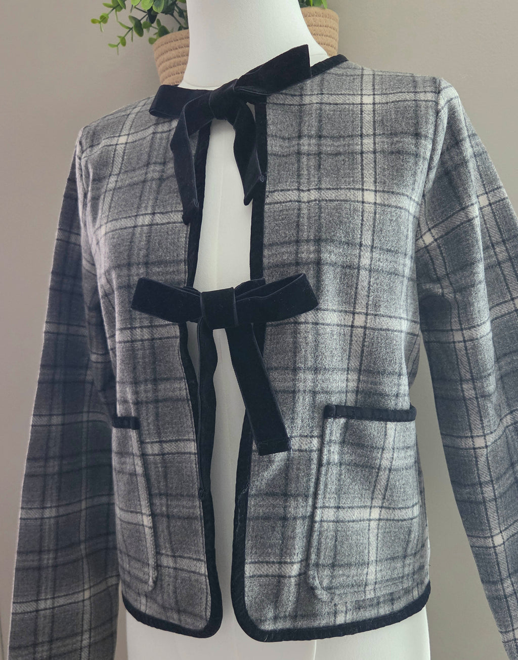 Gray Plaid Jacket with Black Velvet Bows / Lizz Studio