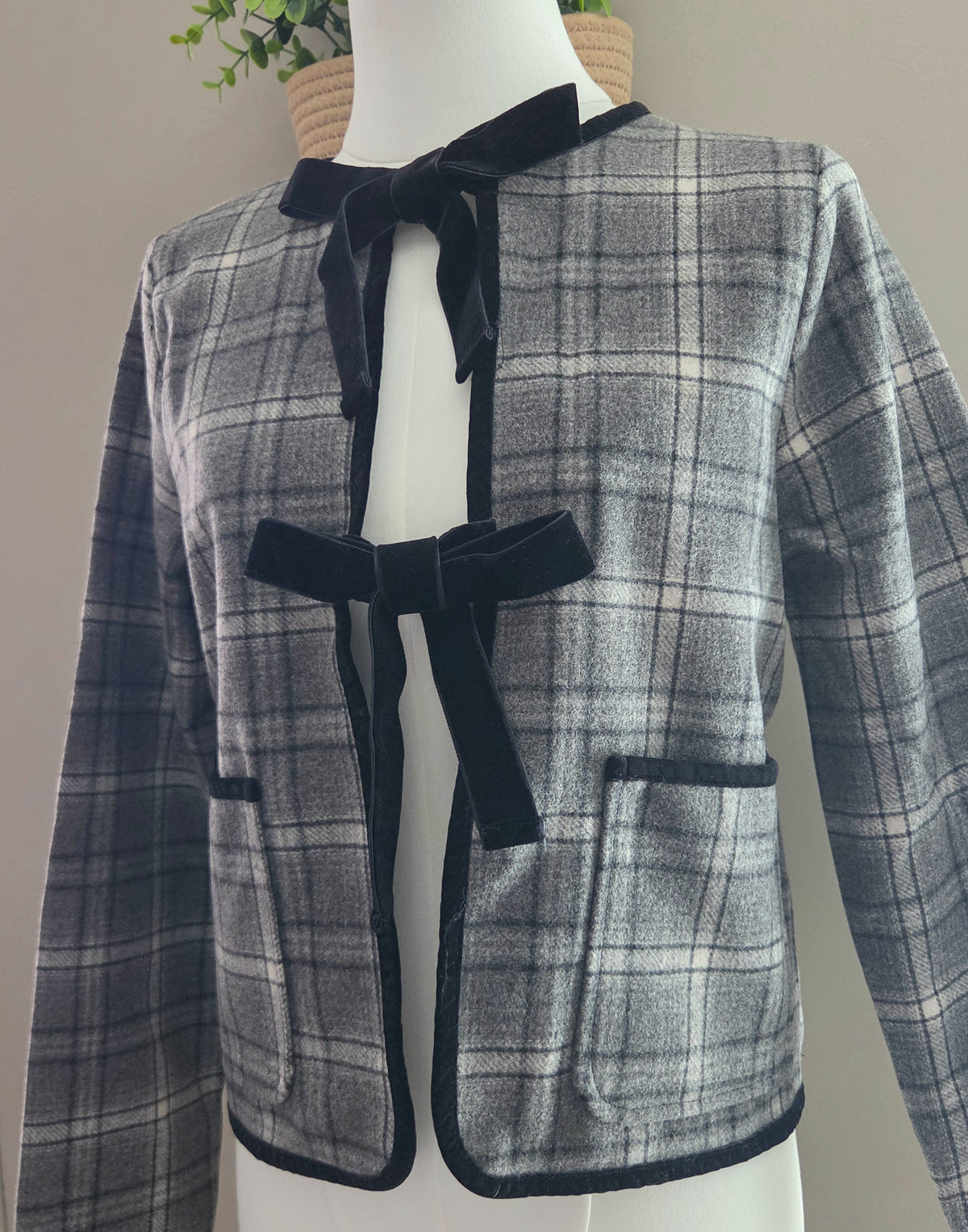 Gray Plaid Jacket with Black Velvet Bows / Lizz Studio