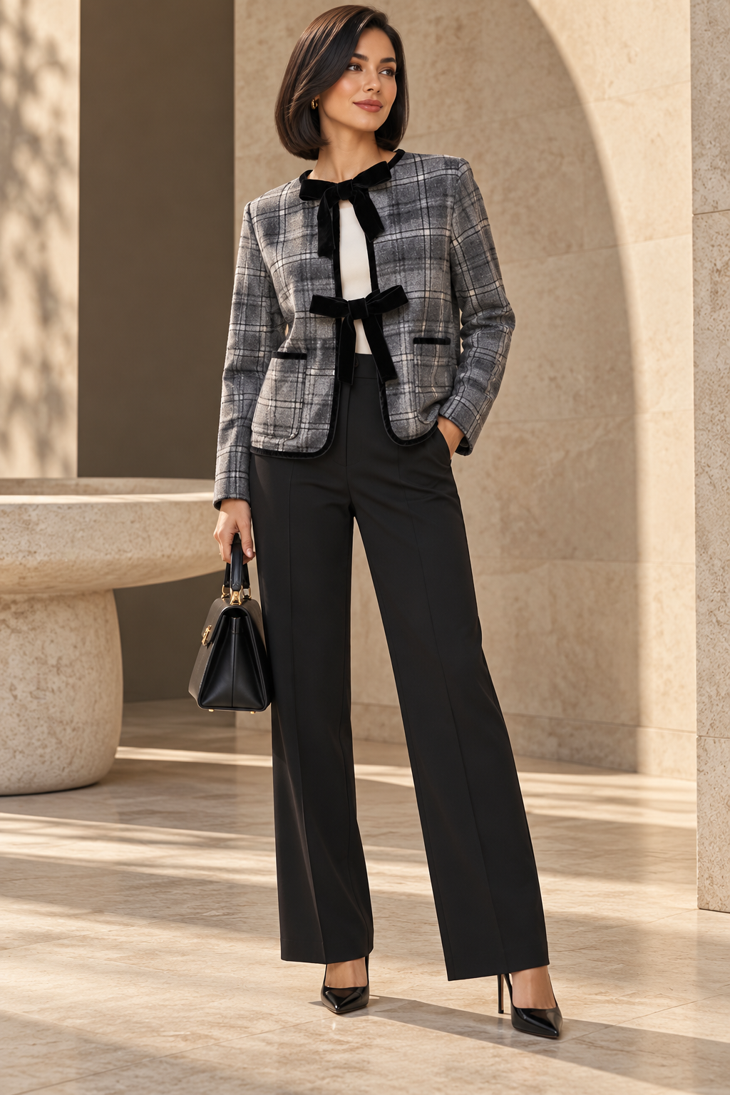 Gray Plaid Jacket with Black Velvet Bows / Lizz Studio