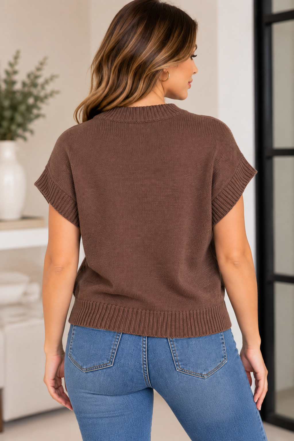 Brown Teddy Bear Short-Sleeve Knit Sweater / Lizz Studio