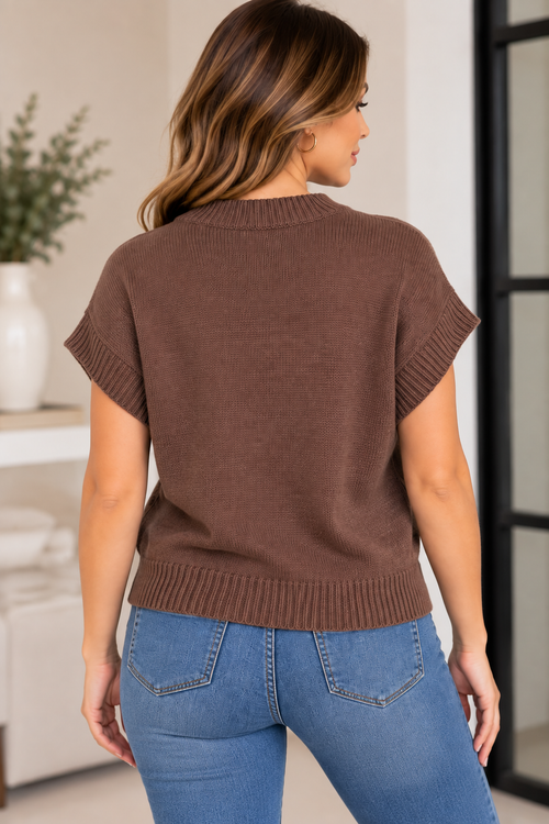 Brown Teddy Bear Short-Sleeve Knit Sweater / Lizz Studio