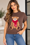 Brown Teddy Bear Short-Sleeve Knit Sweater / Lizz Studio