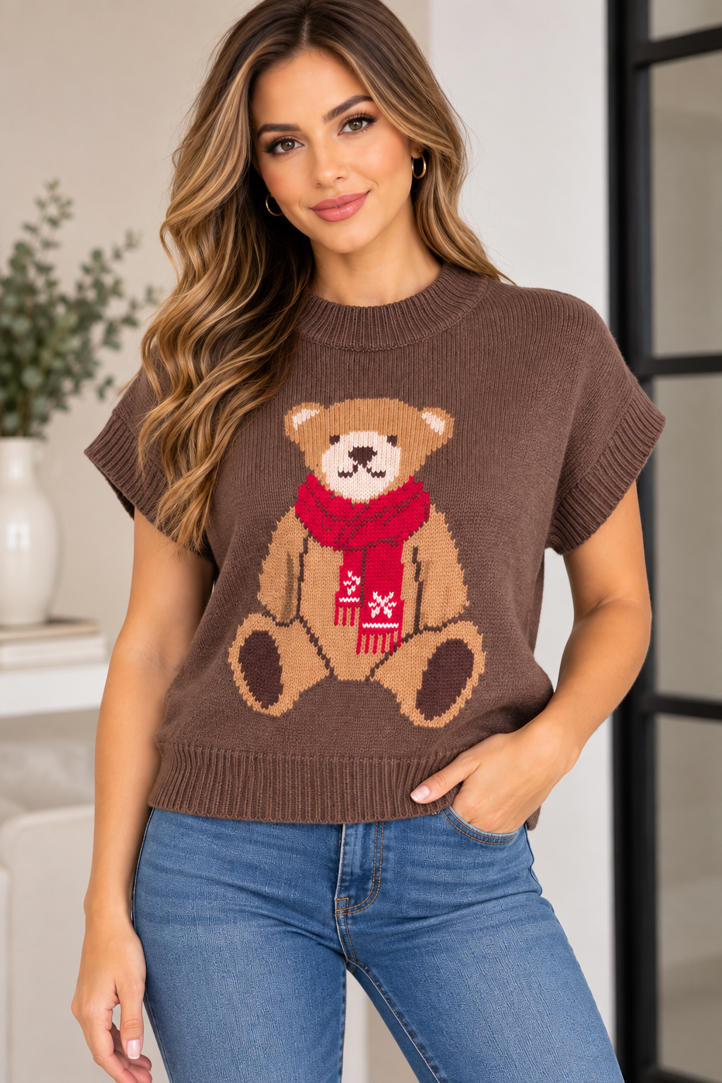 Brown Teddy Bear Short-Sleeve Knit Sweater / Lizz Studio