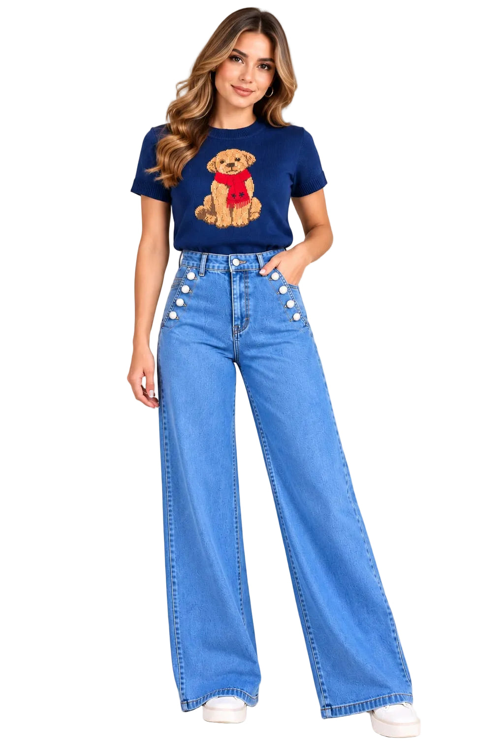 Navy Puppy Short-Sleeve Knit Sweater / Lizz Studio