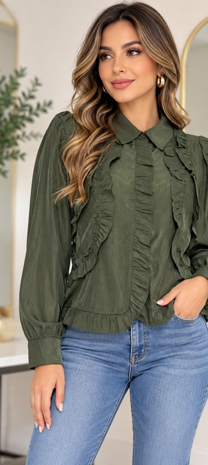 Olive Ruffle Blouse /Lizz Studio
